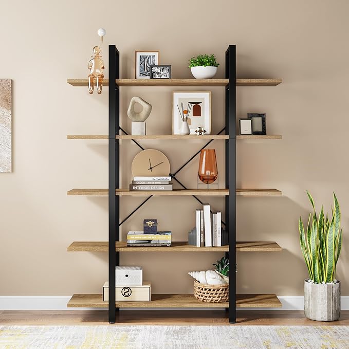 Tribesigns 5-Tier Bookshelf, Vintage Industrial Style Bookcase 72 H x 12 W x 47L Inches (Beige)