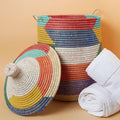 Medium Decorative Colorful Wicker Basket, Home Storage and Organization, Laundry, Blankets, Toys, Clothes, Hamper, Bin, Sturdy, Round, Hand Woven, 19" Tall, 15" Wide