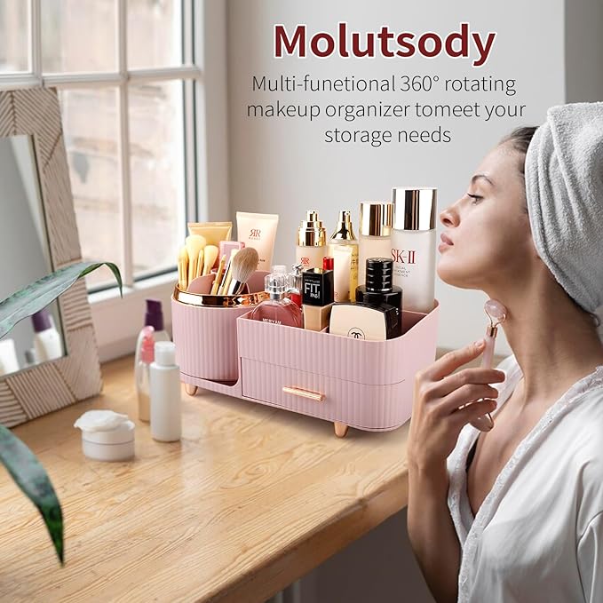 Makeup Organizer for Vanity, Cosmetic Display Case with Drawers, Fits Makeup, Skincare Products, Brushes, Lipsticks, and Other Accessories, Versatile Storage Solution (Pink)