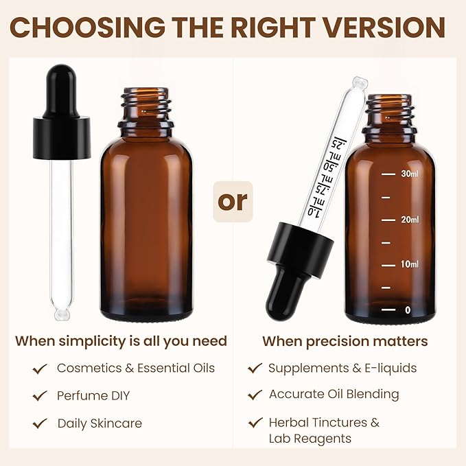 63 Pcs 1oz Amber Glass Dropper Bottles with Measurement, 30ml Leakproof Tincture Bottles with Funnels, Eye Droppers, Extra Caps & Labels, Refillable Empty Bottle for Tinctures, Essential Oils