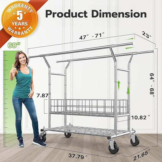 HOKEEPER Heavy Duty Clothes Rack Load 625 LBS, Clothing Rack for Hanging Clothes Adjustable Rolling Garment Rack with Wheels for Bedroom, Living Room (Double Rod with Metal Basket)