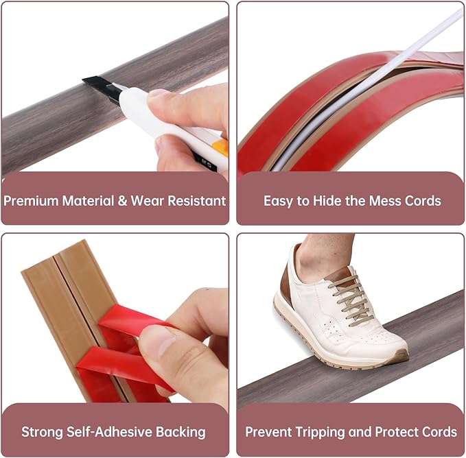 Floor Cord Cover Self Adhesive Cord Hider Floor Extension Cord Covers for Floor Power Cord Protector Cable Management Prevent Cable Trips Cable Cavity 0.51" W x 0.31" H (Brown Walnut Wood, 10Ft)