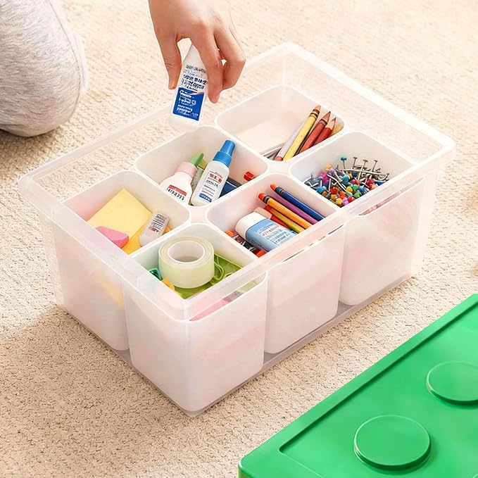 loobuu Plastic Storage Bins with Lids, Art Craft Supply Organizer Box with Brush Pot, Multipurpose Stackable Storage Containers for Organizing Tool, Craft, Crayon,Sewing (Green)