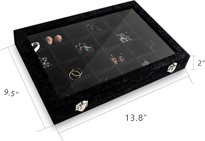 Frebeauty 24 Grid Earring Holder Organizer Tray, Jewelry Organizers and Storage for Drawer,Velvet Jewelry Display Storage for Earrings,Rings,Studs,10.5 x 6.5 x 1.2 Inches Gift for Women (Black)