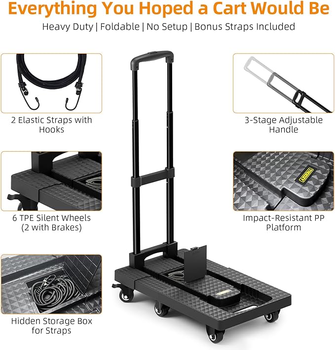 Dolly Cart with Wheels 440lbs, Folding Hand Truck with 6 TPE Wheels (2 with Brakes) & 21 in Extendable Full Platform, Foldable Cart with 2 Elastic Straps for Easy Moving, Travel, and Storage, Black