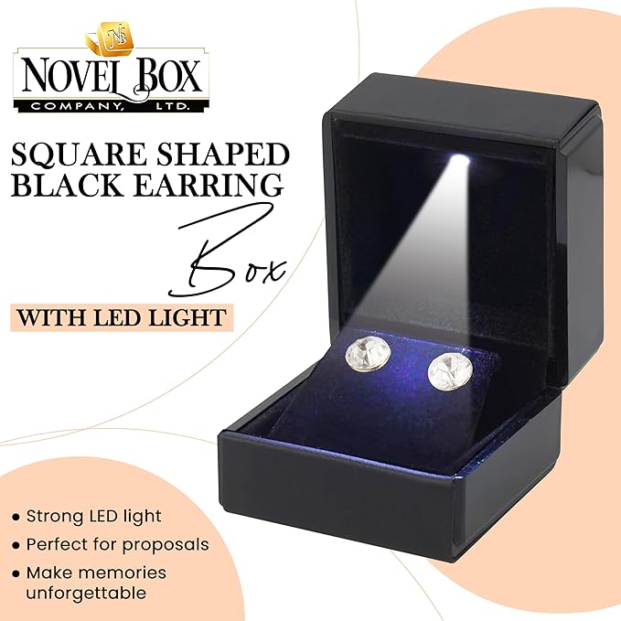 Novel Box Square Shaped Black Earring Box With LED Light 2.25X2X2.5 Inches - Jewelry Earrings Case Best for Jewelry Displays - Gift Box for Mother's Day, Engagement, Anniversary & more Happy Occasions