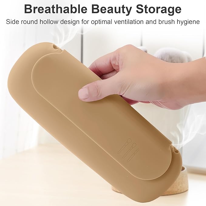 Silicone Travel Makeup Brush Holder for Women with Magnetic Closure and Built-in Brush Cleaner, Washable Cosmetic Organizer, Gift-Ready Pouch, Khaki