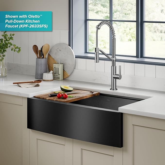 KRAUS Kore Workstation 33-inch Farmhouse Modern Flat Apron Front 16 Gauge Black Stainless Steel Single Bowl Kitchen Sink in PVD Gunmetal Finish with Accessories, KWF410-33/PGM