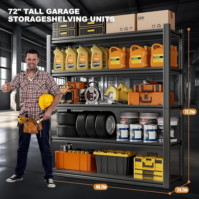 48.2" W Garage Shelving 3000LBS Storage Shelf Heavy Duty Garage Storage Shelves Adjustable 5 Tier Metal Shelves for Storage Industrial Heavy Duty Shelving Unit 24.2" Dx48.2 Wx72.2 H, 2 Pcs