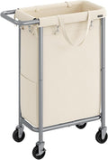 SONGMICS Laundry Basket with Wheels, Rolling Laundry Hamper, 23.8 Gallons (90 L), Removable Liner, Steel Frame with Handle, 24 x 11.4 x 31.9 Inches, Cream White URLS003W01