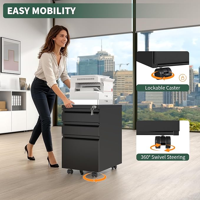 3 Drawer File Cabinet with Lock,Under Desk Rolling Small Filing Cabinet for Home Office Storage,Mobile Steel Cabinets with Wheels,Fully Assembled,Black