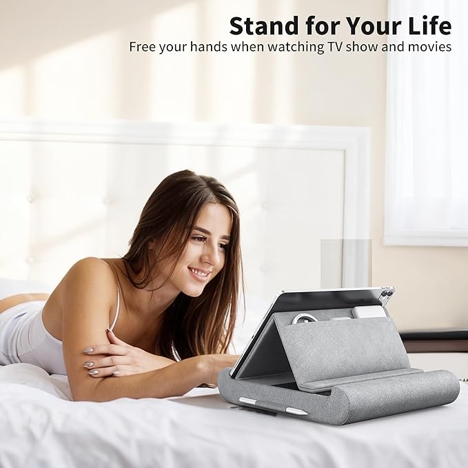 CreaDream Tablet Pillow Stand, Foldable Tablet Holder for Lap, Bed and Desk, Soft Pillow Pad with Pocket and Stylus Mount, for 4-13" Tablets, Like iPad Pro 11, 13, Air, Mini, Kindle, Galaxy Tab, Grey