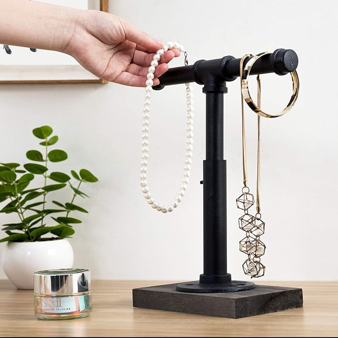 MyGift Adjustable Height Industrial Pipe Organizer Stand - Rustic T-Bar for Jewelry, Headphones, Medals, Kitchen Utensils & Display, Gray Wood Base (Black/Gray, Country Style)