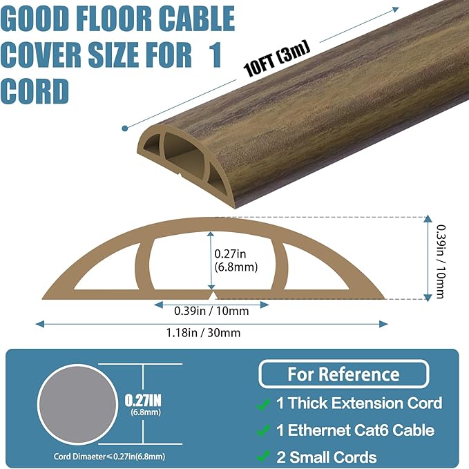 Floor Cord Covers for Wires 10FT Cable Hider Wire Cover Self Adhesive Cord Hider Floor for Offices, Homes, Workshops, Warehouses Cable Cavity 0.39" W x 0.27" H