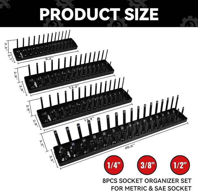 8PCS Socket Organizer Tray Set,SAE & Metric Socket Trays, 2PCS 1/4", 4PCS 3/8", 2PCS 1/2" Drive Deep and Shallow Socket Holders for Toolboxes (8pcs socket organizer）