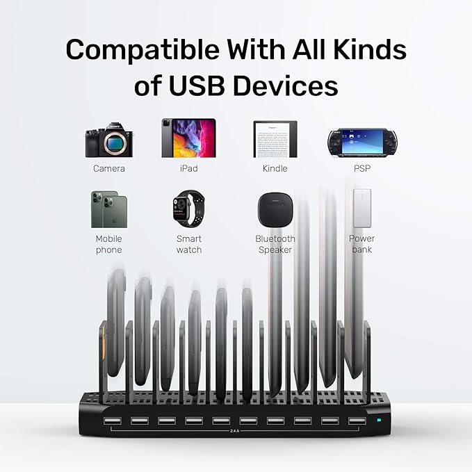 【5PCS】 Unitek USB Charging Station, 10 USB Fast Ports Charge Docking Station and Adjustable Dividers, Multi Device Charger Organizer Compatible with iPad, iPhone, Tablet and Cell Phone - 5PCS, Black