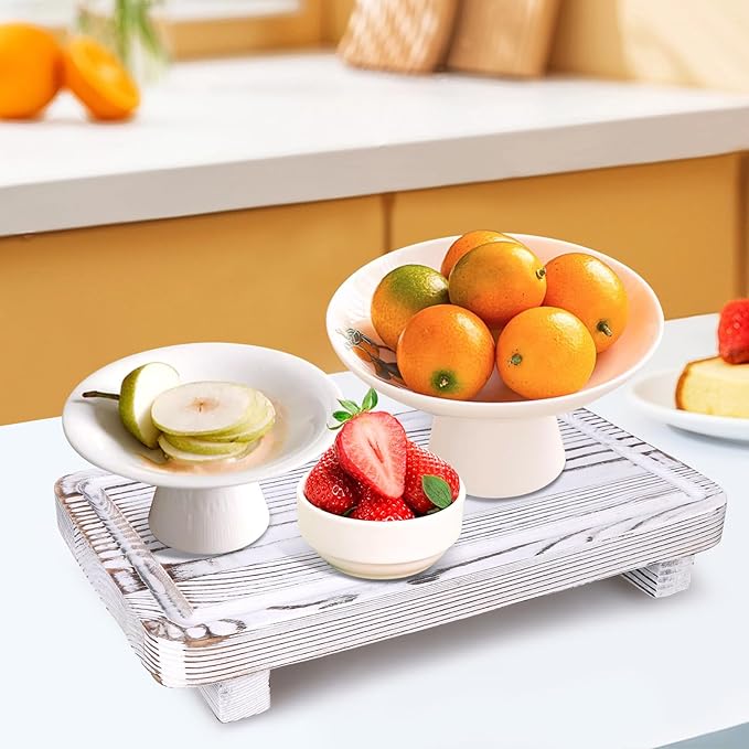 Rustic White Bathroom Counter Tray Kitchen Countertop Trays Decorative Wood Risers Display Pedestal Stand Wooden Riser Soap Dish Dispenser Holder for Bathroom Sink Accessories Kitchen Decor Tray