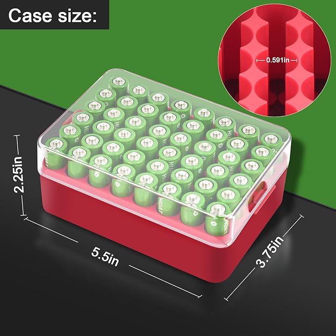 ALCYON Battery Organizer Storage Case, Battery Vault Box Container for 48pcs AA Batteries, Plastic Clear Protective Battery Holder for Travelling/Home/Office (Red, Large)