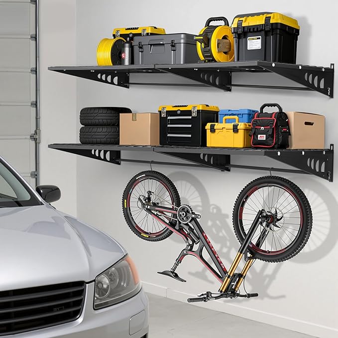 Garage Shelving 2x3ft 4-Pack, Garage Storage Rack 24"x36" Metal Shelves Black Wall Mounted with rods & 6 Hooks, Heavy Duty Wall Shelving Floating Shelves, 1000lbs Total load Capacity