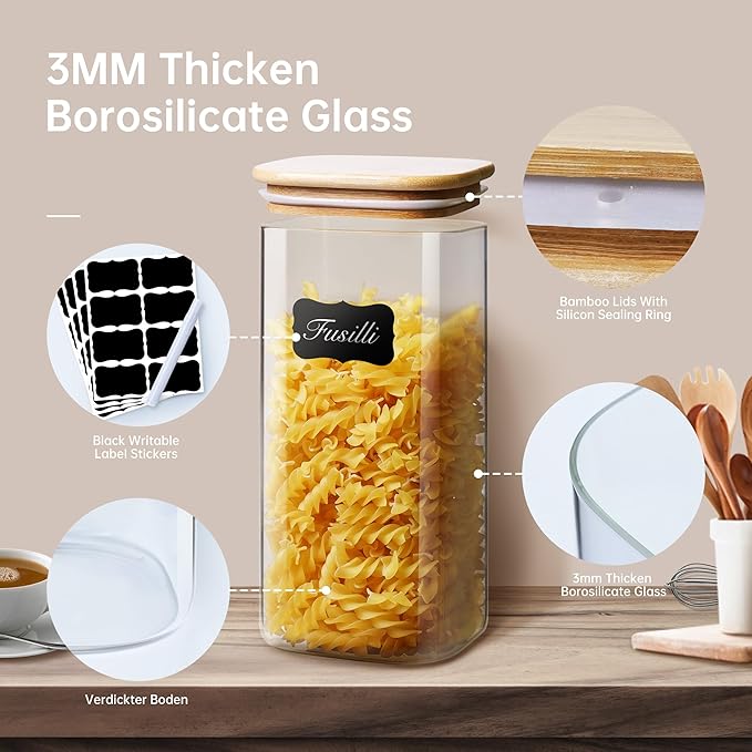 Square Glass Jars with Bamboo Lids 79 FL OZ [Set of 3], Glass Canisters with Airtight Lid, Glass Food Storage Containers for Spaghetti, Fettuccine, Linguine,Pasta, Best for Kitchen & Pantry