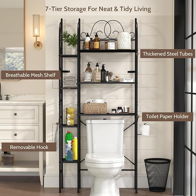 7-Tier Over the Toilet Storage Rack, Heavy-Duty Metal Bathroom Organizer with Adjustable Shelf, Toilet Paper Holder & Side Hooks, Space Saver for Small Bathrooms, Laundry Room & Apartments, Black