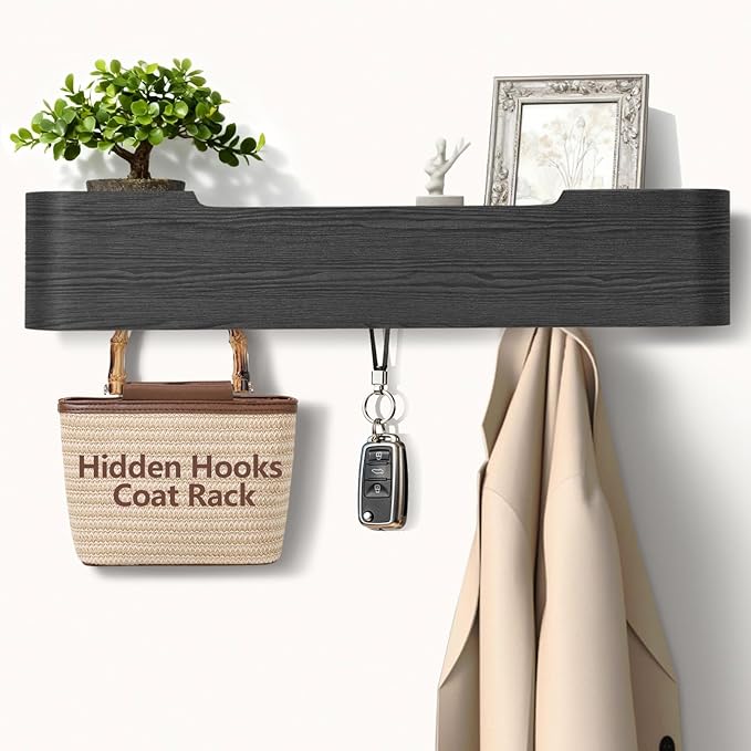Coat Rack Wall Mount with Hidden Hooks Modern Key Holder Wood Entryway Hook with Shelf for Bedroom Kitchen Hallway Bathroom Designed for Hanging Coats Hats Bags Towels Dog Leashe(Black,5 Hooks)