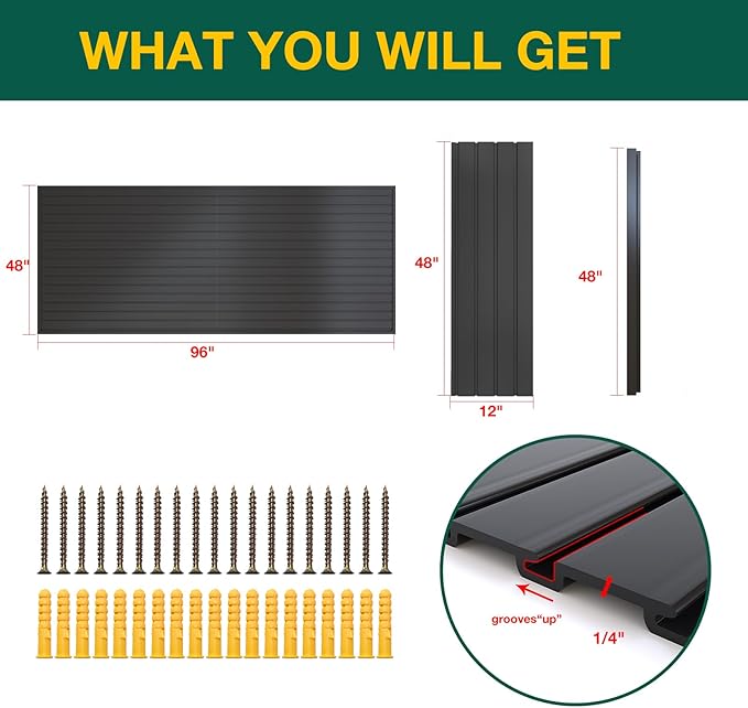 Yuzzy Slat Wall Paneling 4 x 8ft, Garage Slatwall Panel Wall Storage Systems, Heavy Duty PVC Garage Wall Organization (Black)