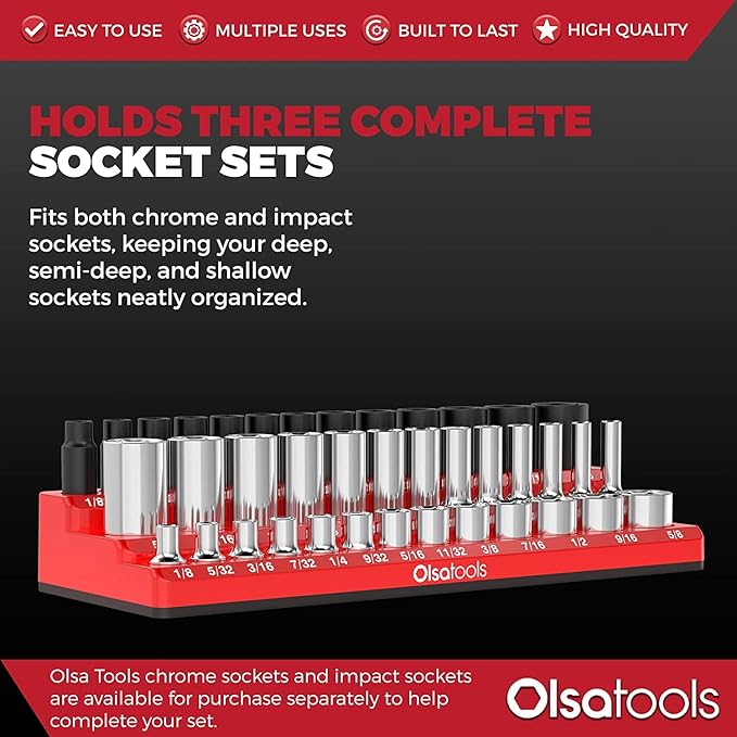 Olsa Tools Magnetic Socket Organizer (1/4-Inch Drive, 3 Row) - Magnetic Tool Organizer & Socket Holder - Tool Box Socket Organizers - SAE Red - Holds 39 Sockets - Professional Grade - Part: 1545