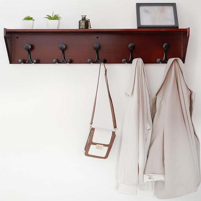 WEBI Wall Shelf with Hooks Underneath,35” Long Wall Mounted Coat Rack with Shelf,Entryway Coat Rack with 5 Triple Hooks for Hanging Coats,Jacket,Hallway,Bedroom,Mudroom,Cherry