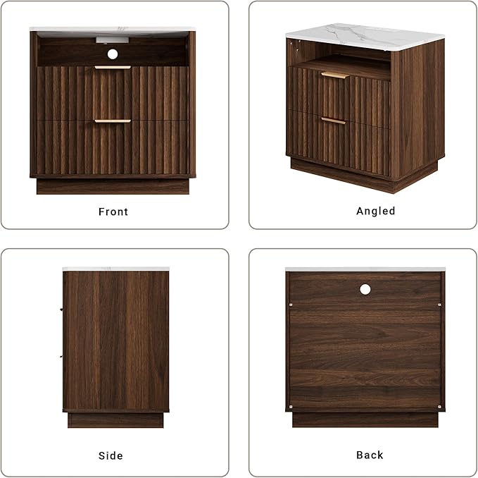 Large Fluted Night Stand Set of 2 with Charging Station, 23" Modern End Table with Faux Marble Top, 2 Drawers Side Table with Storage, Nightstand for Bedroom, Curved Profile Design (Walnut)