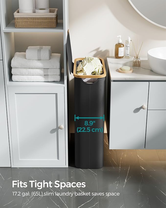 SONGMICS Laundry Hamper with Lid, Slim Laundry Basket, 17.2 Gallons (65L), Space-Saving, Removable Mesh Liner, Bamboo Handles, Collapsible, 16.5 x 8.9 x 27.8 Inches, Ink Black ULCB506B01