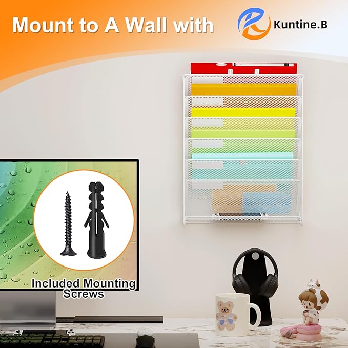 Kuntine.B Wall File Organizer Hanging Magazine Holder (White, 7 Tier)