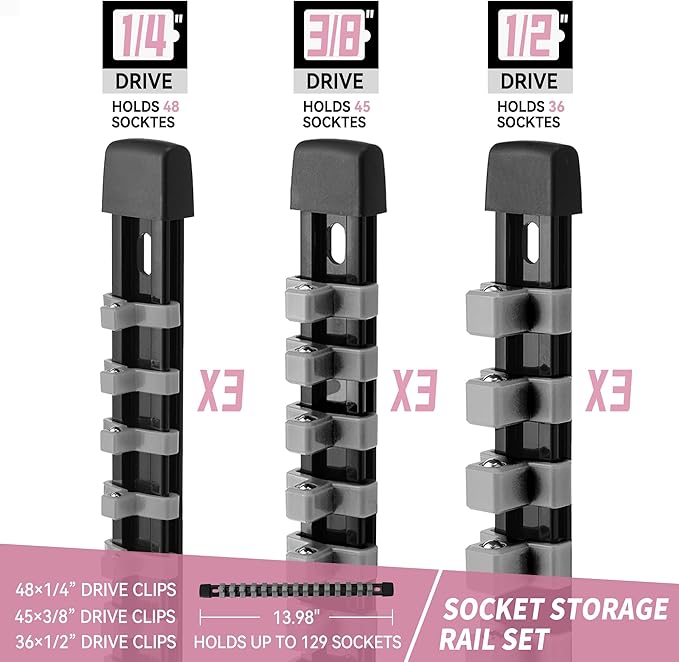 Socket Organizer Drive ABS Tools - Grey Socket Holder, Premium Quality 9 Pieces Socket Holders Kit 1/4-Inch x 48 Clips, 3/8-Inch x 45 Clips, 1/2-Inch x 36 Clips（9PC,Grey)