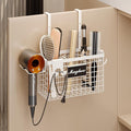 Hair Dryer Holder Cabinet Door 3-in-1 Adhesive Hair Tool Organizer Wall Mounted Adjustable Height Blow Dryer Holder Under Sink Bathroom Hair Appliance Organizer and Storage Countertop(White)