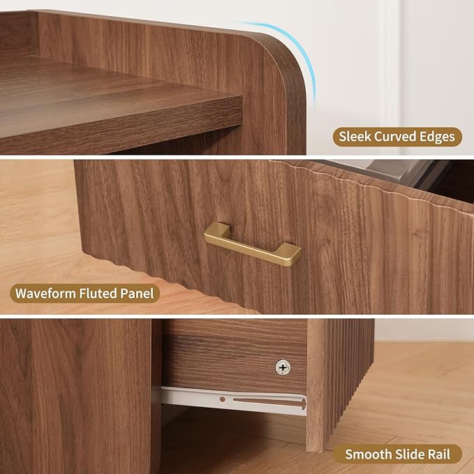 Night Stand with Charger Station, Fluted Wood Nightstand with Drawer Storage, Modern Bedside Table, Wide Nightstands for Bedroom, Mid Century Wooden Night Stands for Home Office Sofa Couch