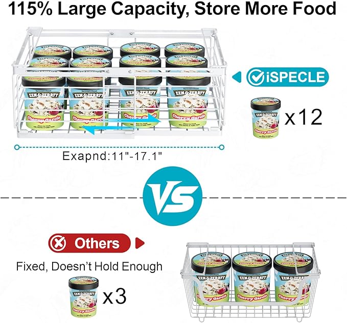 iSPECLE Freezer Organizer Bins - Fit 10 to 20 Cu.FT Deep Freezer, 4 Pack Large Expandable Stackable Chest Freezer Organizer Sort Frozen Food and Easily Get with Handle, Improve Air Circulation, White