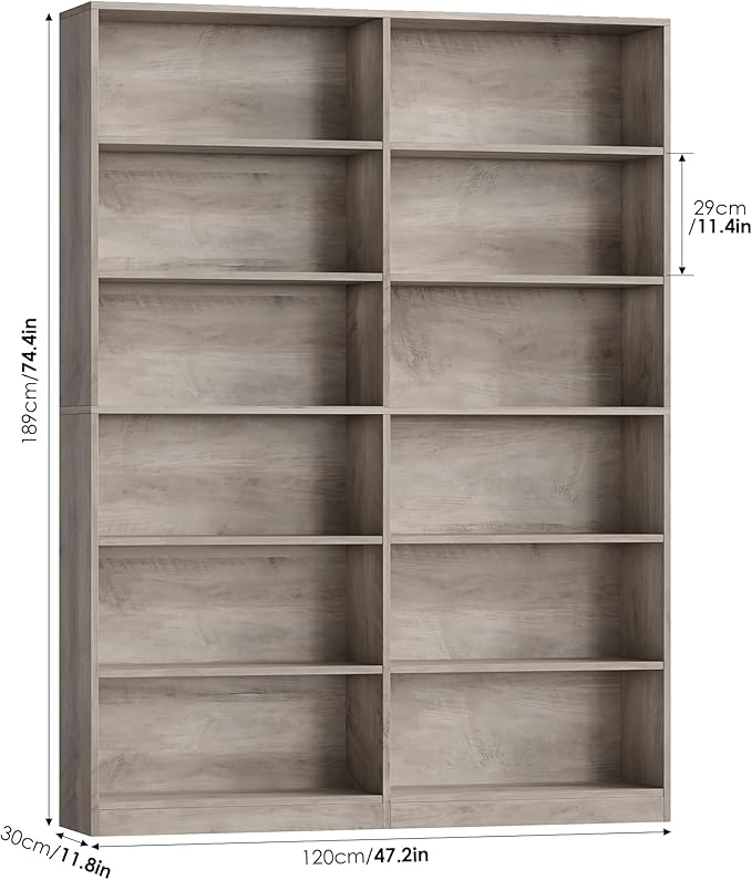 FACBOTALL Bookshelf and Bookcase, 6-Tier Double Wide Bookshelves, Freestanding Display Storage Shelves, Tall Bookcases for Home Decor Bedroom, Living Room, Home Office, Wash Gray