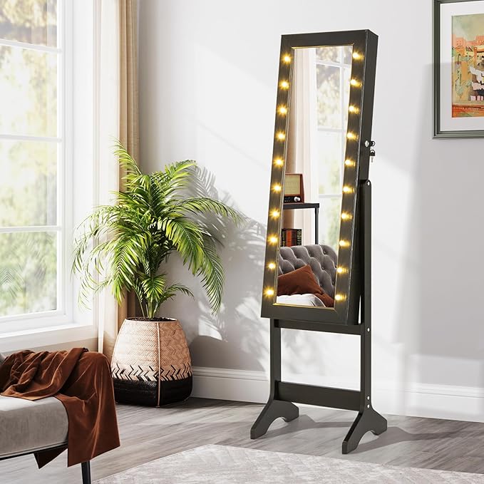 Giantex Standing Jewelry Armoire with Lighted Full Length Mirror, Lockable Jewelry Cabinet Organizer with 20 LED Lights, Adjustable Tilt, Large Storage for Earrings, Rings, Necklaces, Black