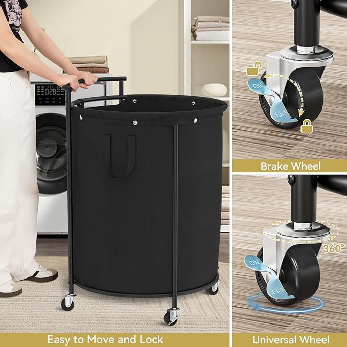 Chrislley 200L Laundry Basket with Wheels,2 section Rolling Laundry Hamper with Removable Bag,Round Laundry Cart with Steel Frame and Handle,Large Dirty Clothes Hamper for Laundry Room,Bedroom(Black)