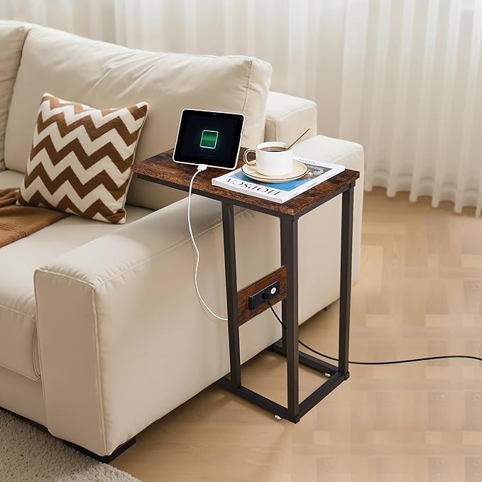 VECELO C Shaped End Side Table with Charging Station & Power Outlets for Couch Sofa/Bed, Snack TV Tray with Metal Frame for Living Room Bedroom 2 PCS, Brown
