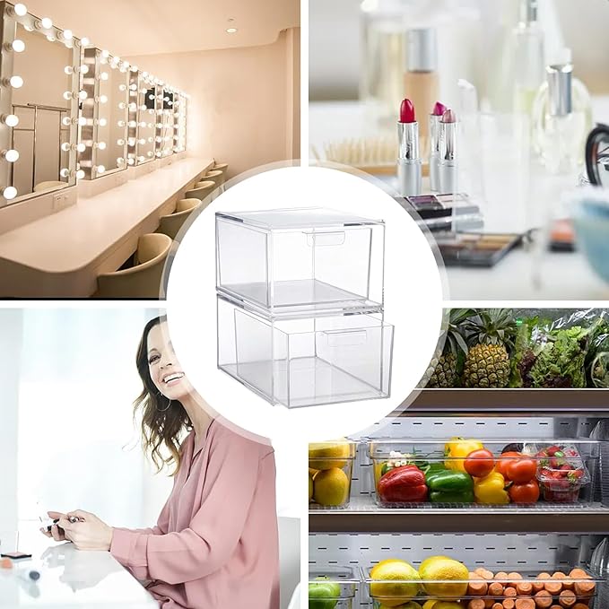 Clear Stackable Storage Drawers,2 Pack Acrylic Drawers Desk Organizers Makeup Organizer for Vanity, Bathroom,Cabinet,Desk Organization