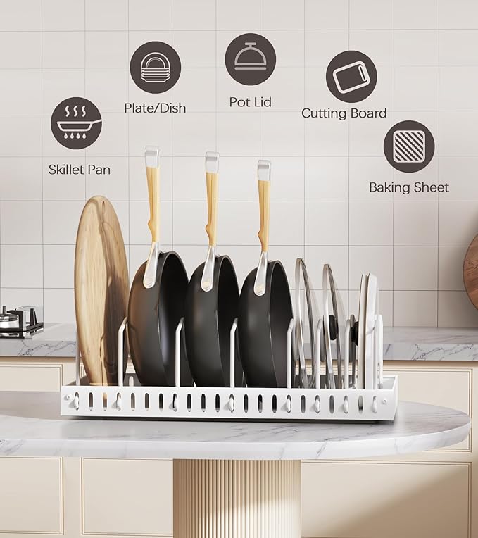 Pull Out Pots and Pans Organizer Under Cabinet, Sliding Lid Holder and Pan Rack in Kitchen, Slide Out inside Cabinet Storage for Pot Lid, Bakeware, Dishes, 6 Adjustable Dividers, 1 Pack White