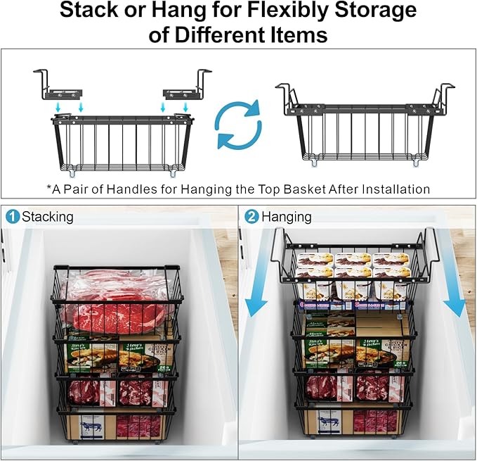iSPECLE Freezer Organizer Bins - 3 Pcs Small Stackable Baskets & 1 Pcs Hanging Deep Freezer Organizer Bins for 7 Cu.Ft Chest Freezer Easily Gets Bottom Food, Adds Space to Store More Food, Black