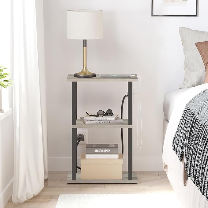 TUTOTAK Small Narrow Side Table with Charging Station, Skinny End Table for Small Spaces, Slim Nightstand with USB Ports and Outlet, Sofa Beside Table with Wheels, Greige TB01BG046