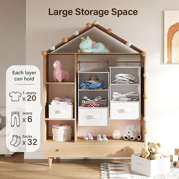 Pipishell 6-Shelf Hanging Closet Organizer, Hanging Shelves with 2 Separable 3-Tier Shelves, Closet Shelves Organizer with 3 Removable Drawers for Bedroom, Dorm Room, Camper and Nursery (White)