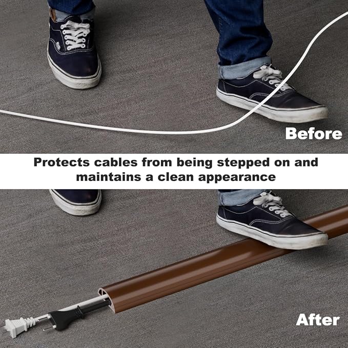 6FT Side-Open Extension Cord Covers for Wires on Floor,Silicone Power Cable Protector Cord Hider Management Strip,Hide Electric Wire on Carpet,Chord Runner Protective Safety Wiremold,Brown