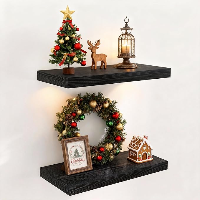 Black Floating Shelves for Wall, 16 Inch Wall-Mounted Bathroom Shelves Set of 2, Rustic Wood Floating Shelf for Kitchen|Bedroom, 9.3 Inch Deep Shelf Invisible Brackets for Books|Storage|Decor
