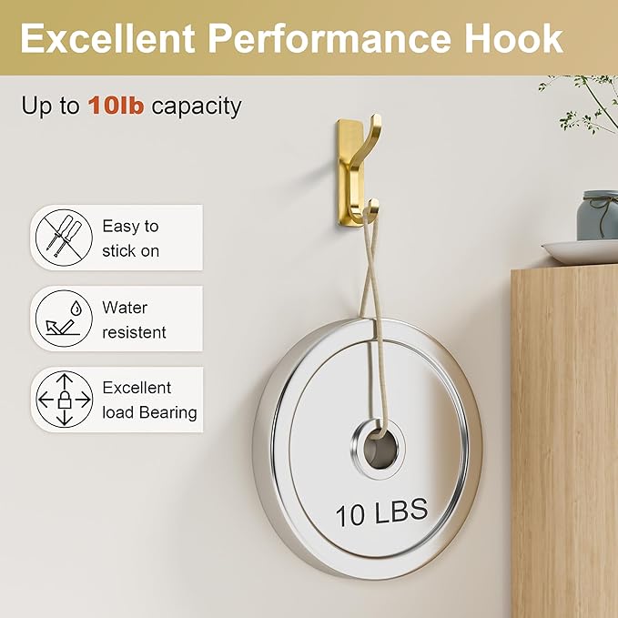 10-Pack Wall Hooks for Hanging Towels - Stainless Steel Adhesive Hook, 13LB Strong Hold, Sticky Hangers for Coats, Bags, Purses, Backpack - Bathroom, Kitchen, Door, Shower, Dorm, RV, Brushed Gold