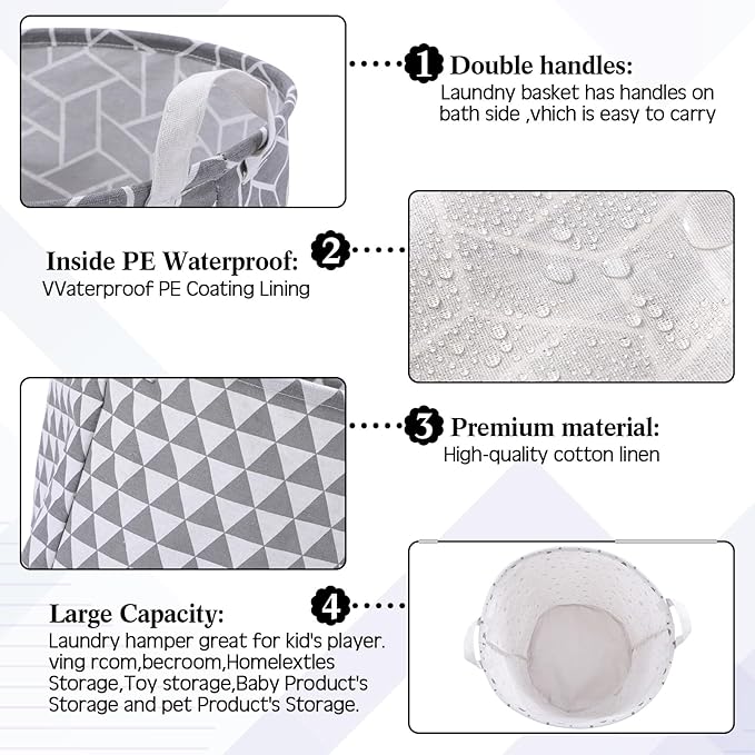 Patelai 3 Pieces Large Laundry Hamper Round Collapsible Organizer Storage Bin Waterproof Foldable Dirty Clothes Laundry Basket for Home Bathroom(Geometric)