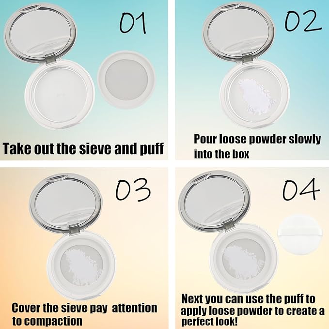 6PCS Loose Powder Container with Mirror and Strainer Empty Powder Loose Powder Reusable Plastic Compact Case with Mirror and Elasticated Net Sifter and Their Matching 4 Powders